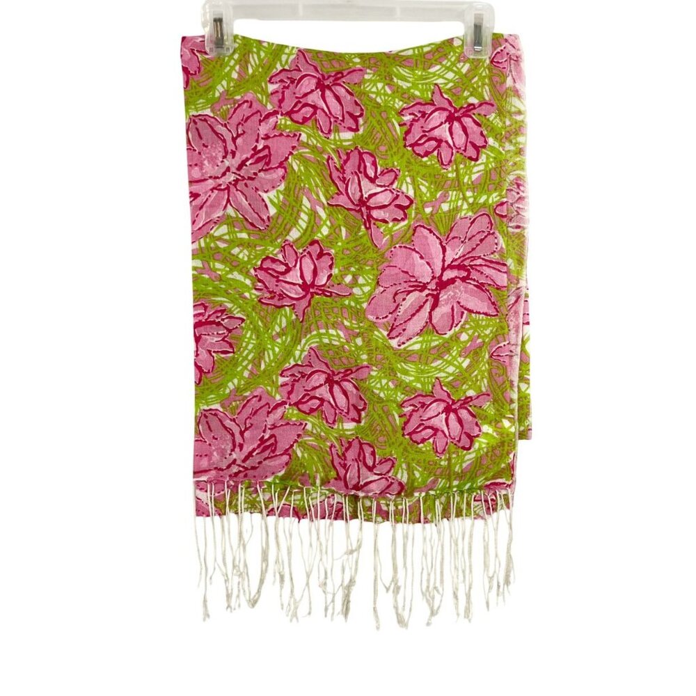 Lilly Pulitzer Murfee Scarf Hibiscus Pin Serenity Green Pink Cashmere‎ Silk